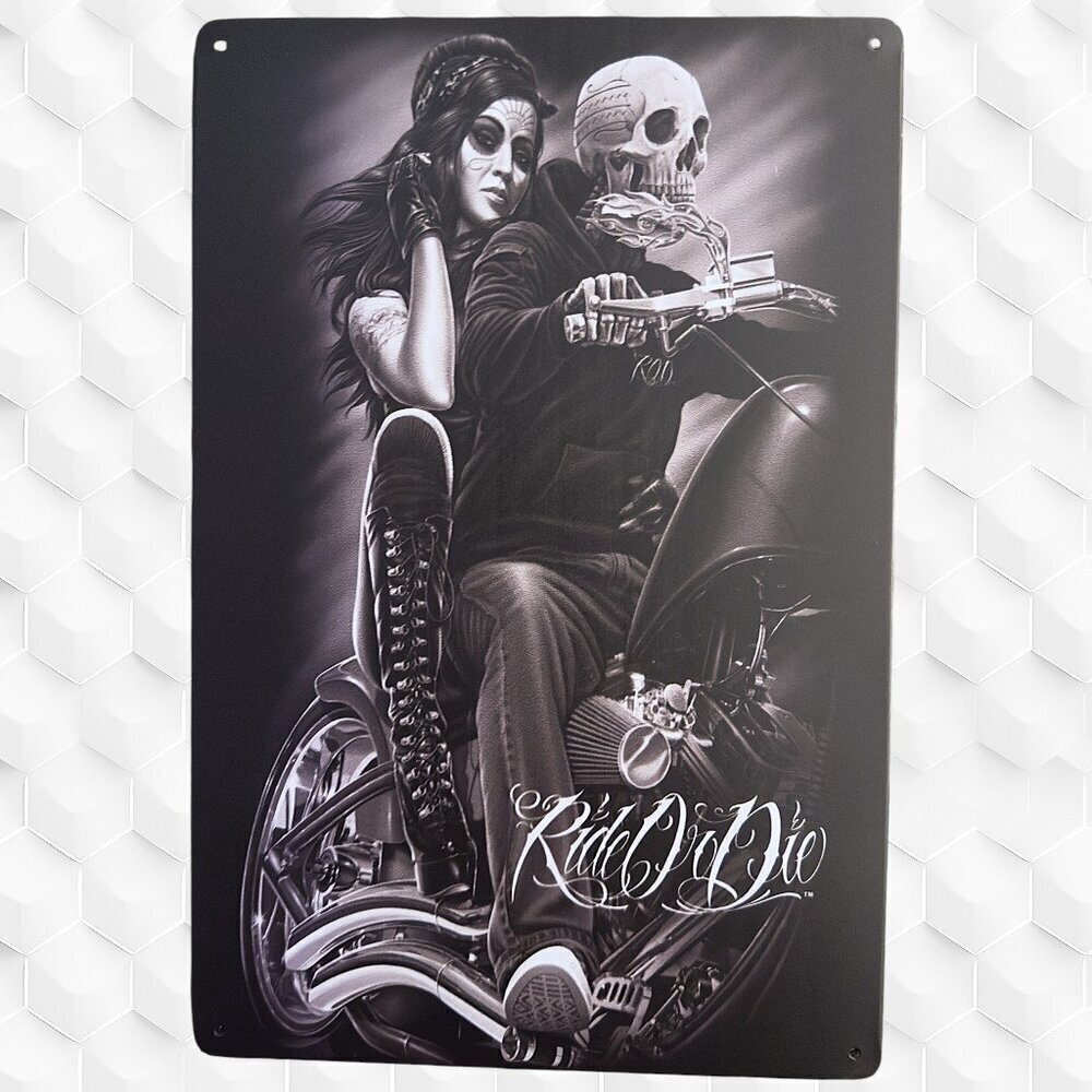 Set of 4 Metal Signs – Skulls, Babes, Bikes & Skeletons 8"X12", NWOT - Picture 2 of 6